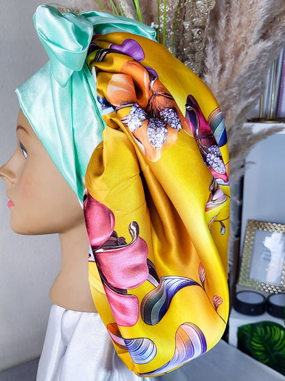 Bonnet en satin FICELLE. L - floral jaune