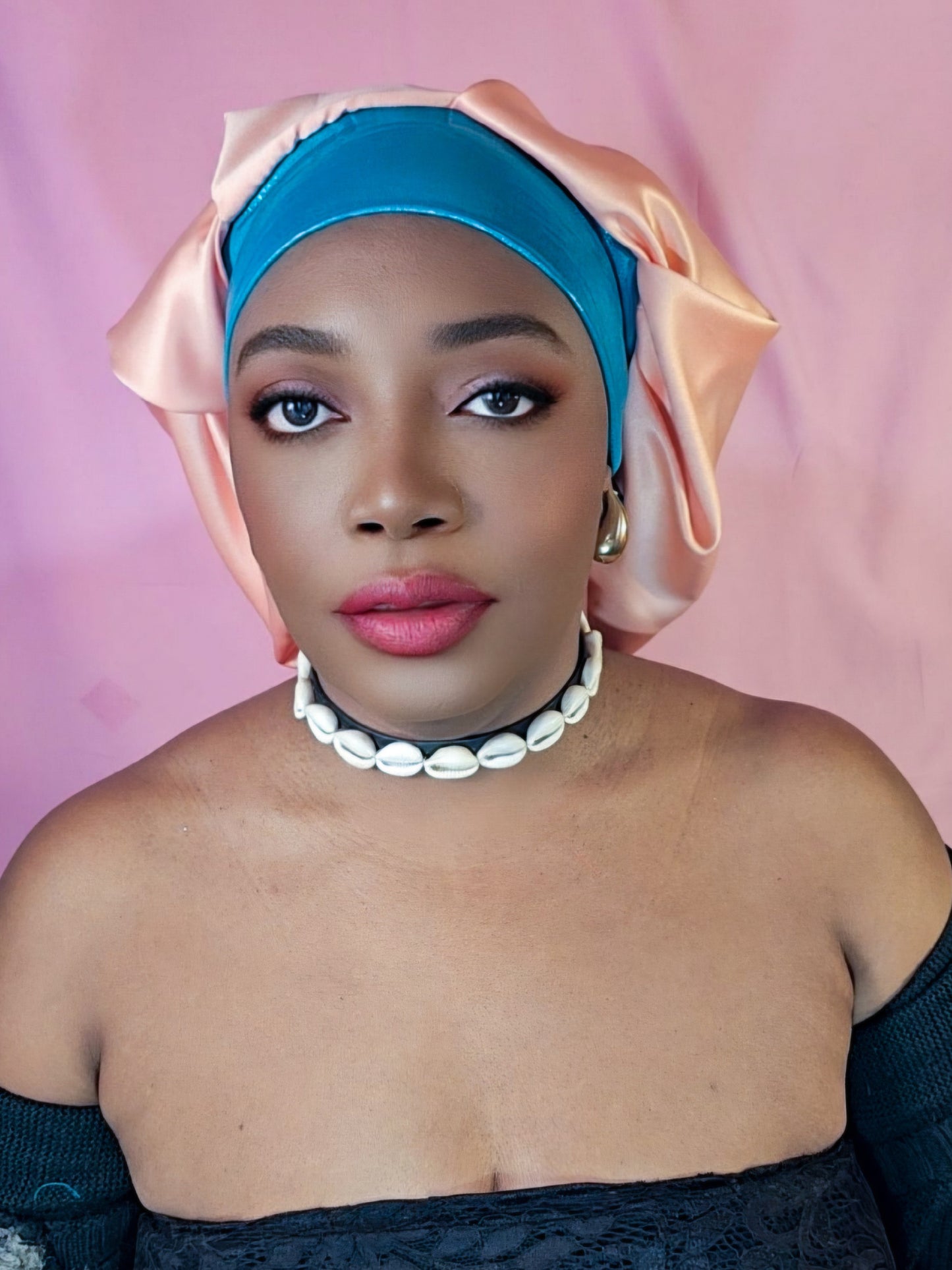 Bonnet en satin bandeau M -Saumon (15)